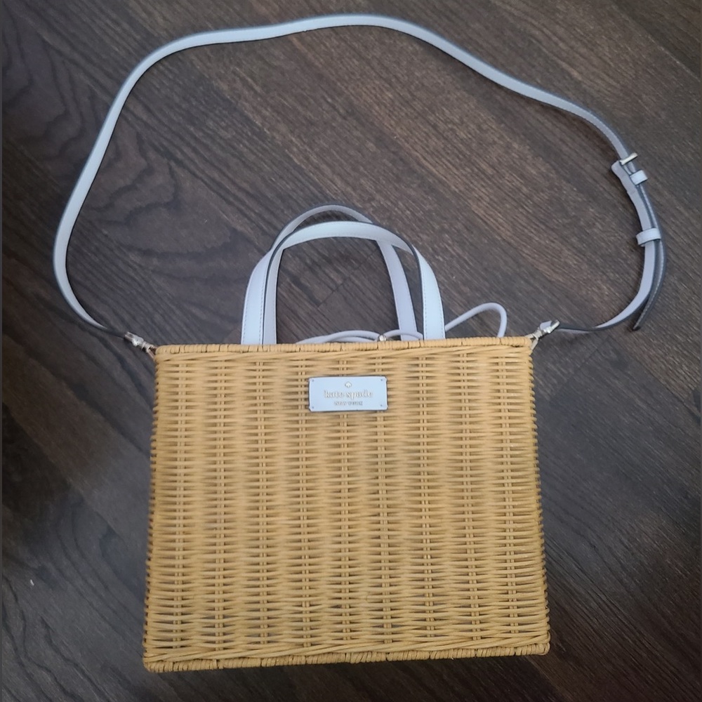 Kate spade Tan Woven Crossbody Bag with White Straps